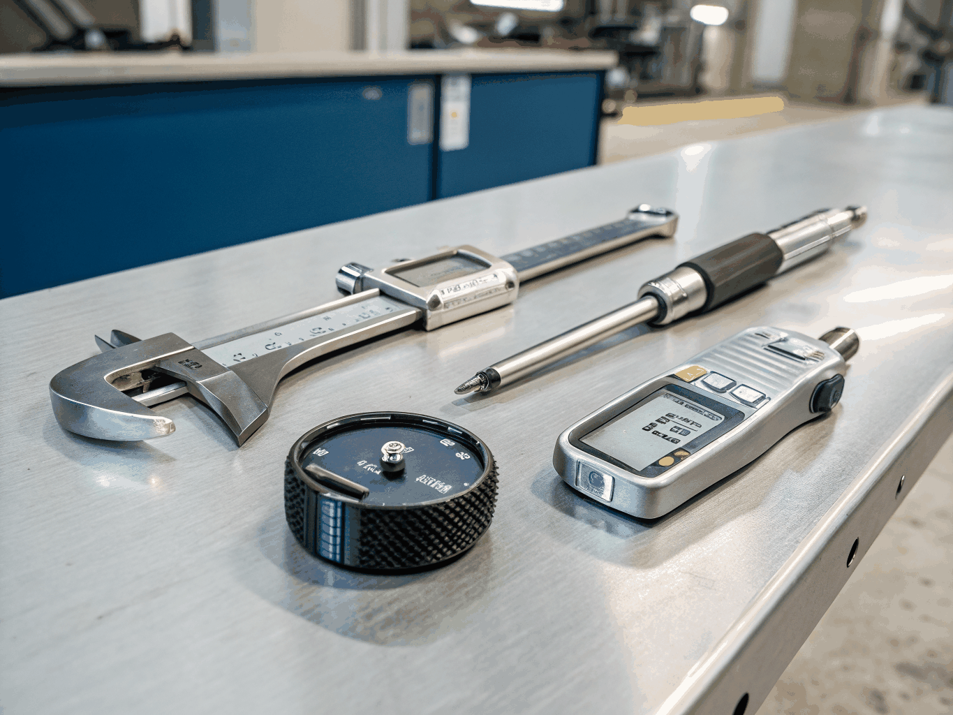 Precision measurement tools on a clean industrial workbench in a bright testing facility